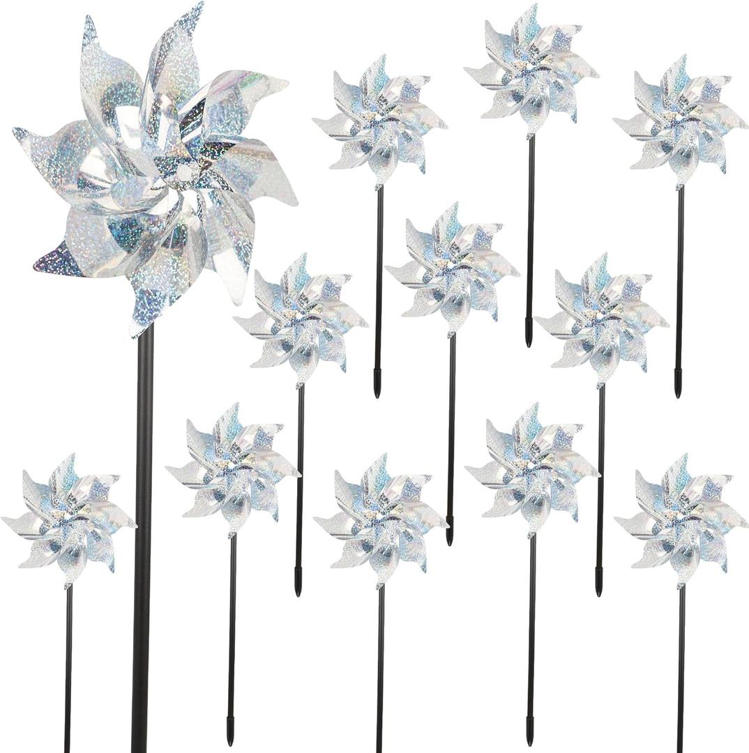 winemana 12 Pcs Reflective Pinwheels Outdoor, Wind Spinners for Yard & Garden, Sparkly Bird Repellent Windmill Scare Birds Away, Deterrent Devices for Outside Patio Lawn Spring Decor (Silver)