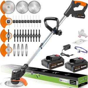 Cordless Weed Wacker Battery Powered Weed Eater with 2 Battery and Charger, 21V Electric Grass Trimmer with Metal Blade, 3 in 1 Stringless Weed Trimmer, Brush Cutter, Edger for Lawn Yard