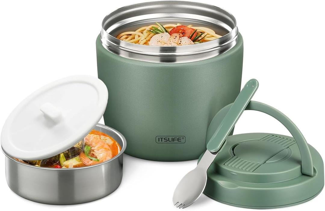 Itslife 32oz Insulated Soup Thermo, Vacuum Stainless Steel Food Jar for Hot & Cold Food, Leakproof Wide Mouth Lunch Container with Spoon, Green