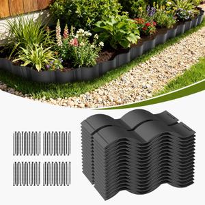 Mars Villa Wavy Landscape Edging, 6IN Tall 40FT Garden Edging Border with 64 Anchoring Stakes, No Dig Decorative Plastic Interlocking Tile, Thickened Edging for Lawn, Flower Bed, Yard (Black, 32PCS)