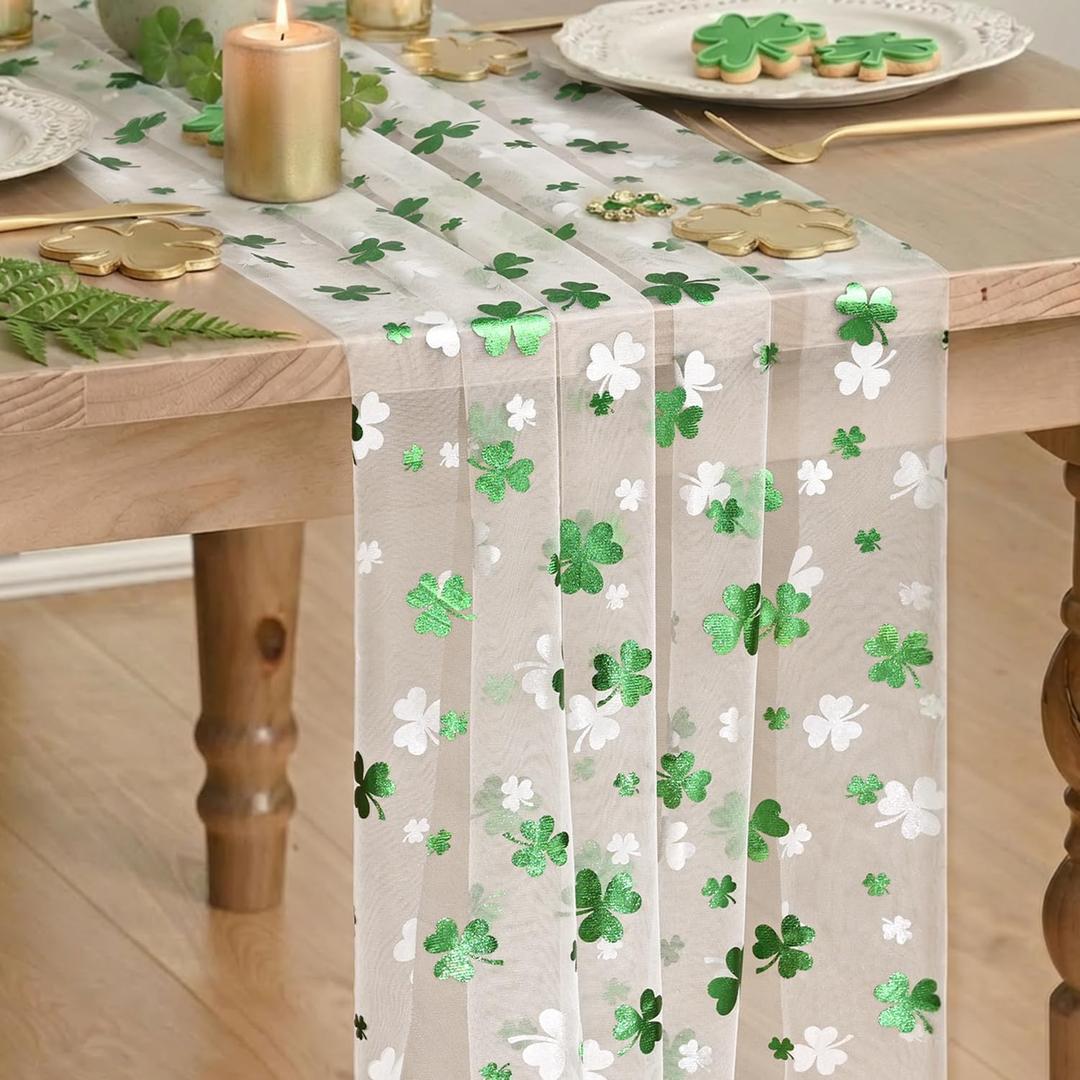 Artoid Mode Gauze Green Shamrocks St.Patrick's Day Table Runner 120 Inch 10FT,Seasonal Sheer Dining Holiday Baby Shower Table Decor for Home Party (28" x 120")