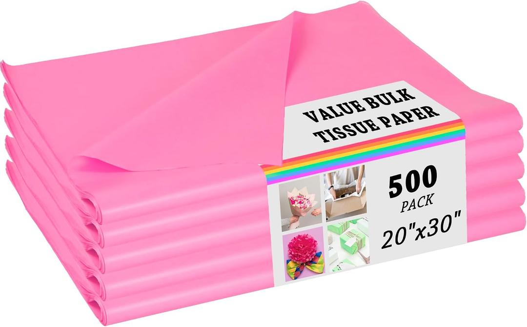 500 Sheets of Pink Tissue for Gift Bags - Bulk Wrapping Tissue, 20 X 30 Inches. Ideal Pink Packaging for Gift Wrap, Filler, Crafts, DIY Projects, Weddings, Birthdays, Baby Showers, Valentine's Day