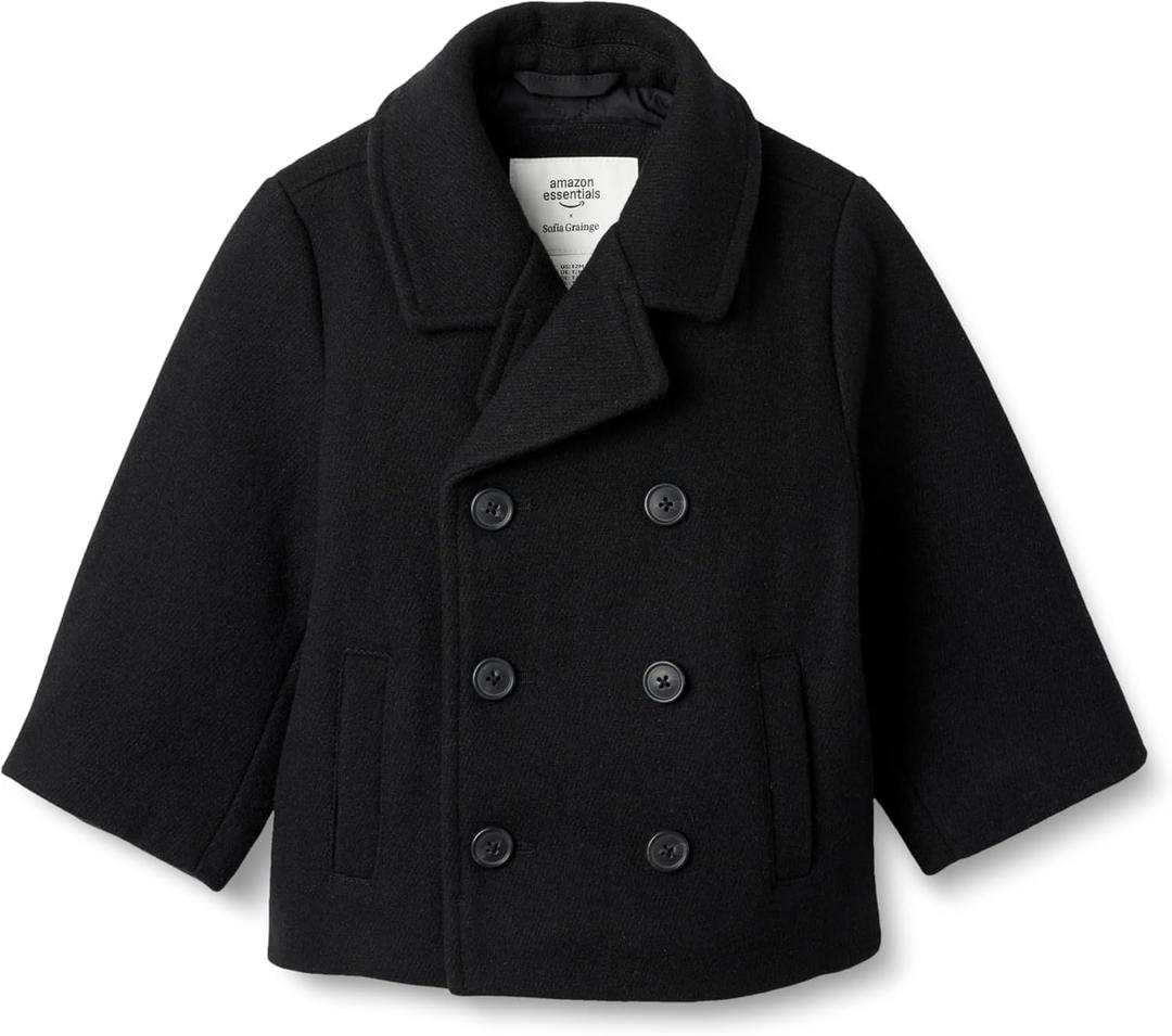 Amazon Essentials x Sofia Grainge Toddler Boys' Wool Blend Double Breasted Coat, Black, 2T