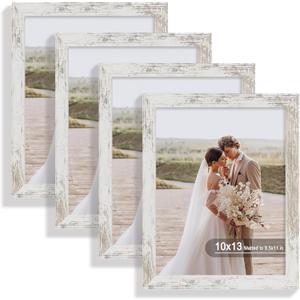 Hongkee 10x13 Picture Frame Set of 4, Made of Real Glass and Distressed White Frame, 10 by 13 Photo for Wall or Tabletop  Display Picture 8.5x11 with Mat or 10x13 Without Mat