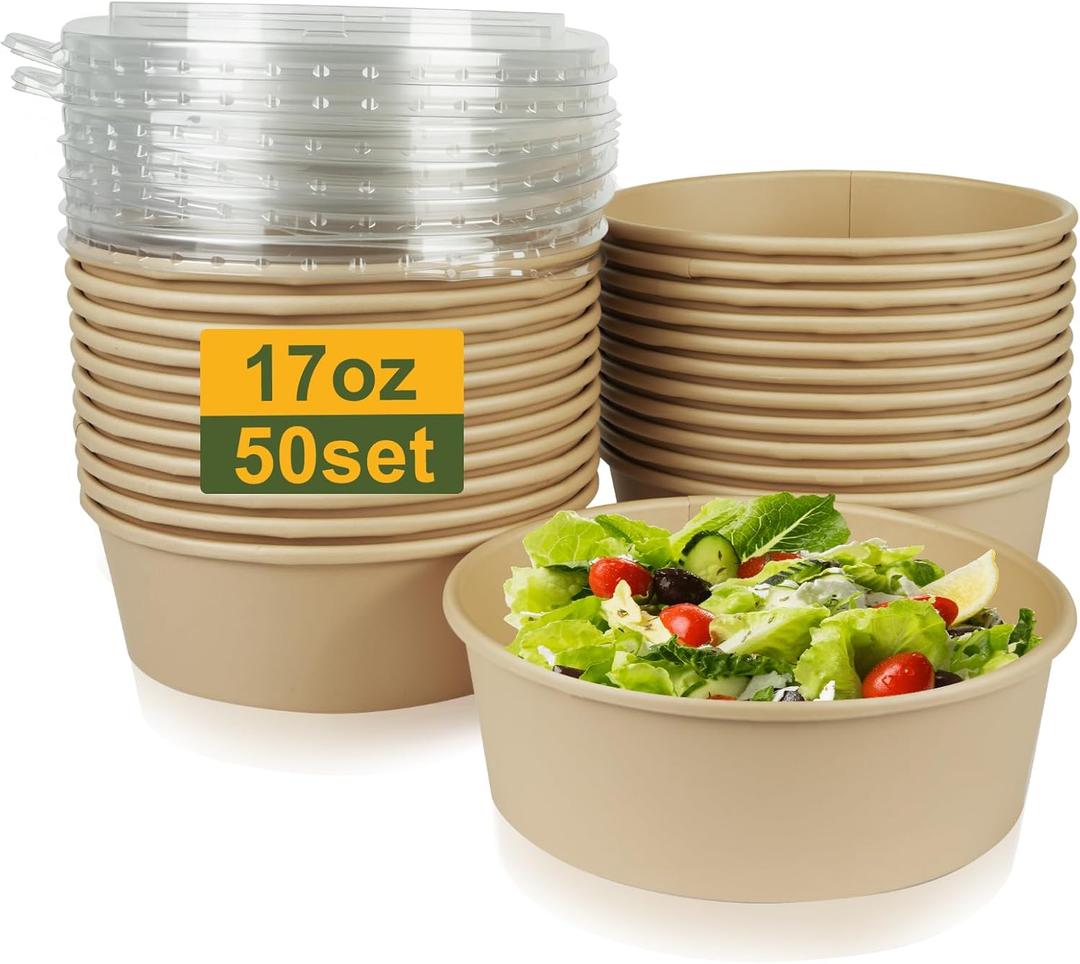 50 Pack Disposable Salad Bowls with Lids, 17oz Round Microwave-Safe Meal Prep Containers for Food Storage, BPA-Free Leakproof Heavy Duty Paper Bowls, Perfect for Parties, Picnics, Takeout
