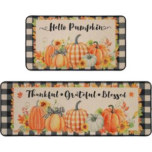 MEHOFOND Hello Pumpkin Kitchen Mats Set of 2, Fall Thanksgiving Decor Mat, Buffalo Plaid Farmhouse Autumn Harvest Pumpkin Thankful Holiday Absorbent Non Slip Anti Fatigue Rugs 17 x 29 and 17 x 47 in