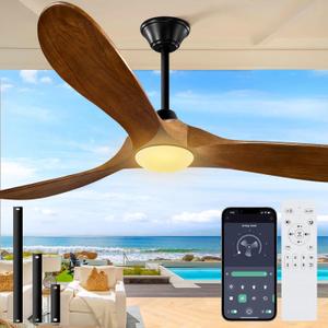 Outdoor Ceiling Fan with Light-Glass Lamp, 52 inch 3 Blade Wood Propeller Ceiling Fans with Lights and Remote Control for Patios, Exterior Damp Rated High CFM Ceiling Fans Modern Smart APP, Walnut