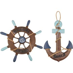 2 Pack 13" Nautical Beach Wooden Ship Wheel and 13" Wooden Anchor with Rope Nautical Boat Steering Wheel Rudder Anchor Wall Art Decor Door Hanging Ornament Beach Theme Home Decoration(Retro Brown)