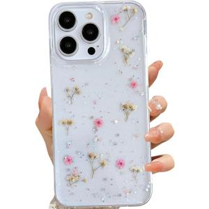 LSEEKA for iPhone 14 Pro Max Clear Case with Pressed Real Flowers Design,Glitter Cute Pink Floral Pattern Slim Soft TPU Protective Women Girl's Phone Cover for iPhone 14 Pro Max
