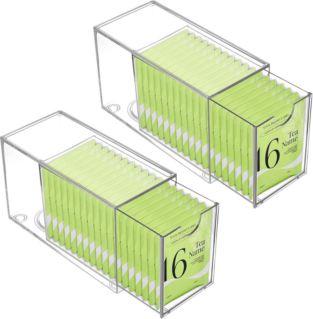 2 Pack Tea Bag Drawers Organizer - Clear Plastic Drawer Tea Bag Holder; Stackable & Portable, Wider Size, Well-Organized Storage for Tea Bags & Kitchen Essentials