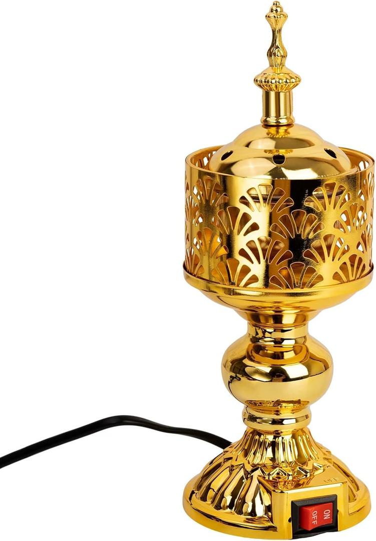 Golden Electric Incense Burner, Arabian Style Electric Incense Holder, Middle Eastern Tabletop Decorative Censer for Yoga Spa Home Office Christian Church Decor, US Plug (Gold)