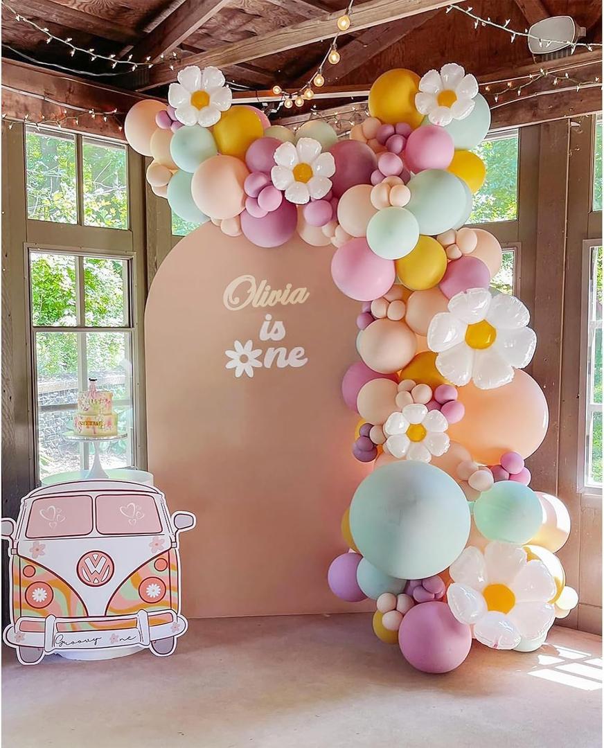 Daisy Balloon Garland Kit - 155pcs White Groovy Daisy Flower Macaron Pastel Balloons Garland for Boho Two Groovy Girls Birthday Baby Shower Flower Decor