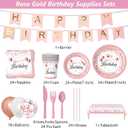 212Pcs Pink Birthday Decorations Disposable Dinnerware Sets,Birthday Party Supplies Plates Napkins Set Baby Shower Birthdays Party Plate Pink Set With Banners Cups Forks knives Spoons Serve 24