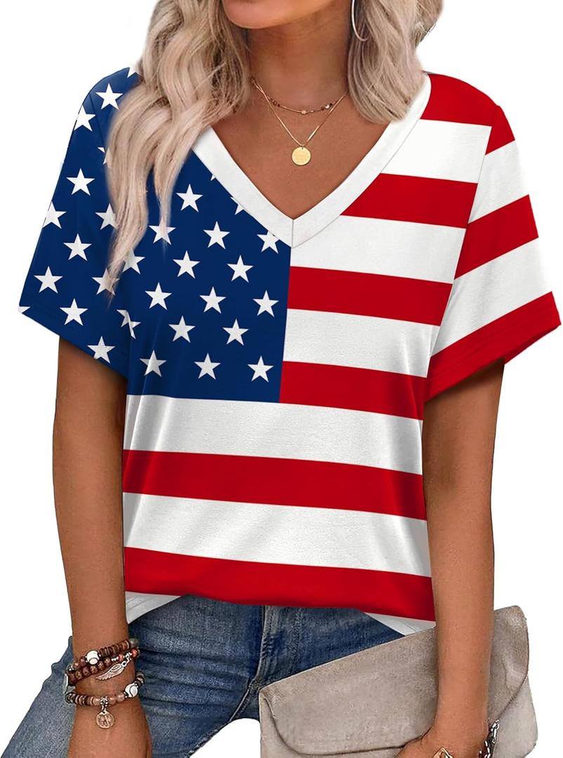 Alaroo Womens Summer Tops 2025 V Neck Short Sleeve Shirts Trendy Dressy Casual Vacation Outfits Printed (3X-Large)