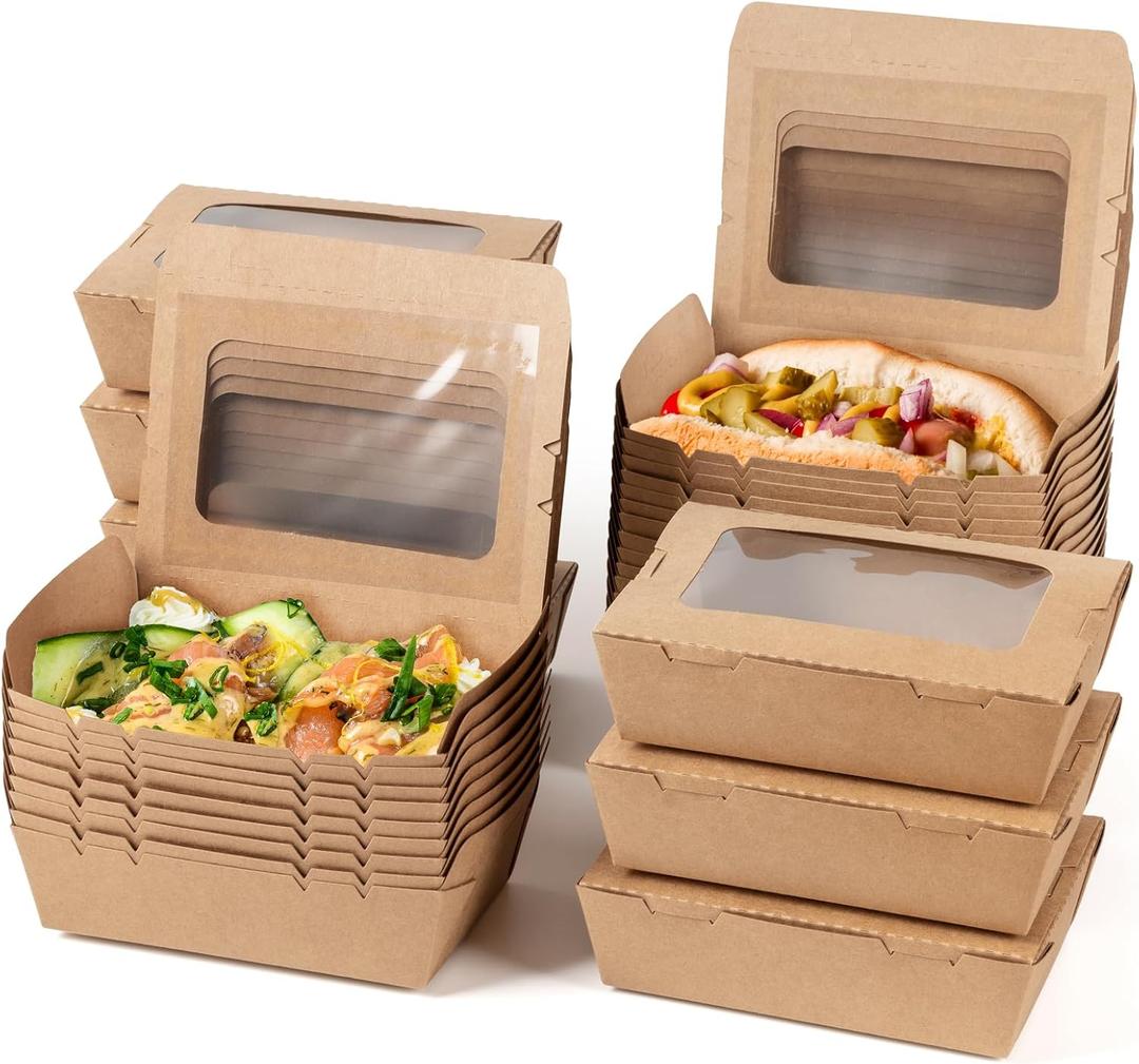To Go Containers 24oz Kraft Paper Food Containers with Window Take Out Boxes (50Pack, Rectangular)