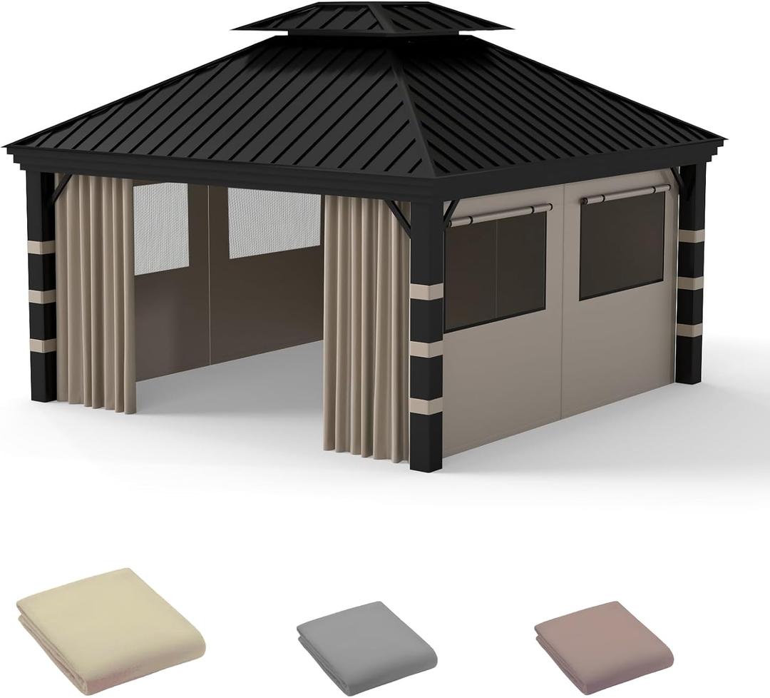 Gazebo Privacy Curtains 10' x 10' with Mosquito Windows, 10'x10' Gazebo Curtains Outdoor Waterproof, 4-Panels Side Wall with Zipper for Patio, Garden and Backyard (Khaki, Curtain Only)