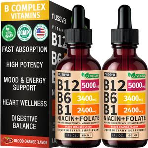 NUSAVA (2 Pack) Vitamin B12 Liquid Drops 5000mcg-B12 Sublingual with B6 & Vitamin B Complex -Methylcobalamin B12 Drops for Women & Men - Vegan Supplement,Non-GMO, Crimson Orange (2 Fl Oz, 80 Servings), BBD:05/2028