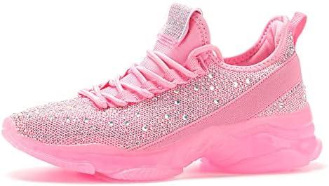 BELOS Women's Rhinestone Mesh Slip On Walking Shoes Fashion Breathable Spakle Glitter Sneaker, Size 8
