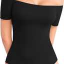 MANGOPOP Women's Off The Shoulder Long Sleeve Short Sleeve Bodysuit Sexy Backless Body Suit Tops (Black, XL)