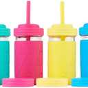 Elk and Friends Kids + Toddler Glass Cups | The Original 12oz Glass Mason Jar with Sleeves + Lids | Silicone Straws + Stopper | Smoothie Cup | Food Storage | Spill Resistant | Dishwasher Safe | 2 Pack