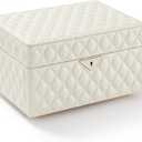 VEE&CO. Jewelry Box,Diamond Quilted Leather jewelry organizer earring holder organizer necklace organizer 2-Layer Jewelry Case with Drawers, with Key Lock,gifts for women (beige, Medium) (Medium-11.81*8.58*6.97in)