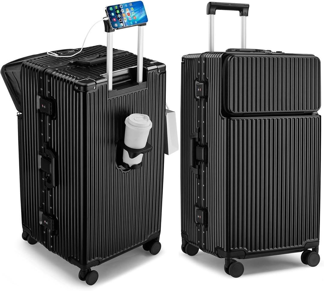 feilario 30in Super Large Captain Aluminum Frame Hardside Spinner Wheels Luggage, Zipperless Checked Suitcase with Front Compartment/Cup Holder/Phone Holder