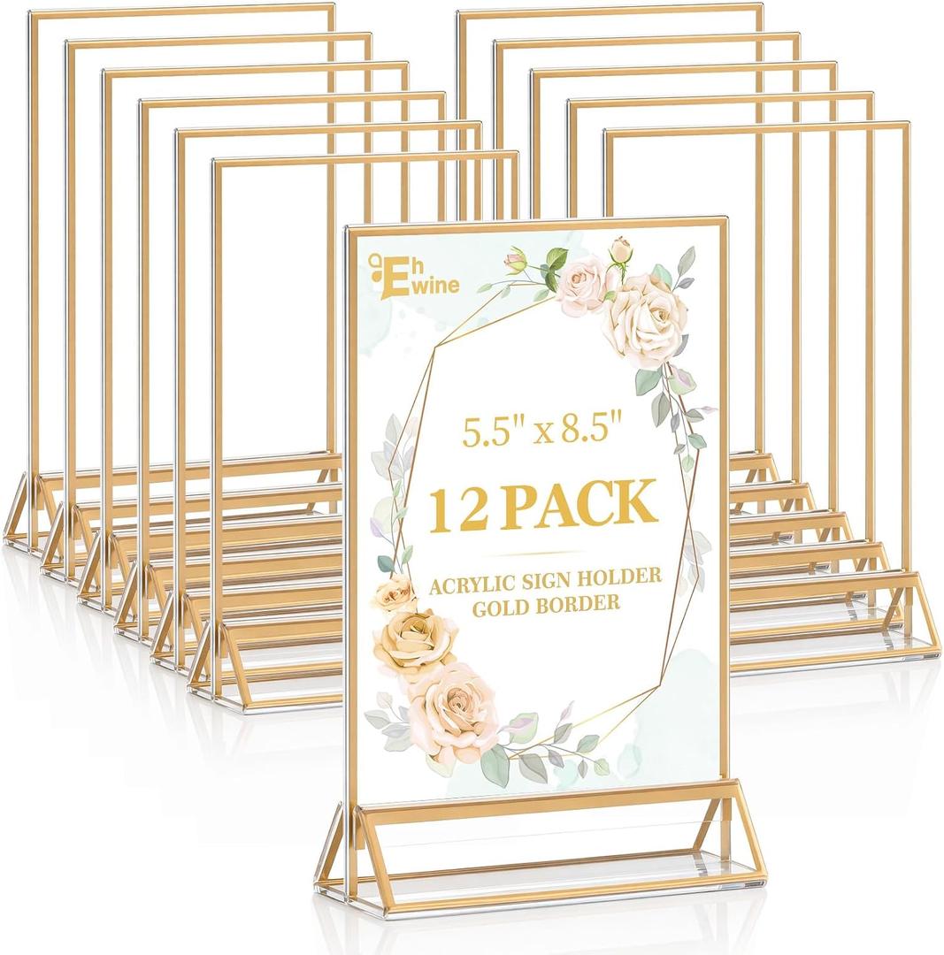 EHWINE 12 Pack Acrylic Sign Holder 5.5 x 8.5, Double Sided Gold Picture Frame Stand up Table Top Sign Holders, Clear Display Stand Menu Flyer Holder for Wedding Party