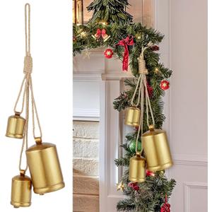 Minetom Set of 3 Christmas Bells, Decoraitve Brass Bells with Jute Hanging Rope for Christmas Decor Wreath Garland Tree Doors Windows Rustic Home Decor, Vintage Iron Bells