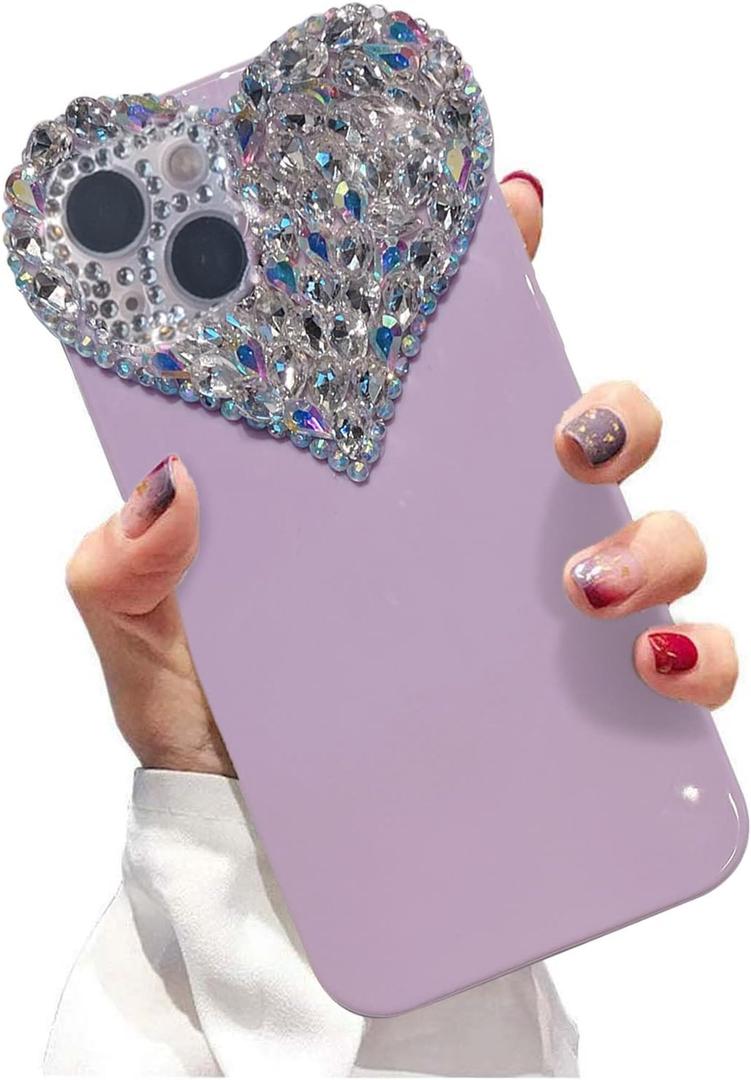 Glitter Case for iPhone 15 6.1, Cute Sparkle Shiny Bling Phone TPU Bumper Cover with Girly Bling Diamond Rhinestone, 3D Aesthetic Heart Gems Case for Women Girls (Purple)