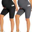Fotociti Maternity Shorts with Pockets Over The Belly,8" Pregnancy Biker Yoga Active Workout (Small, Black+grey)