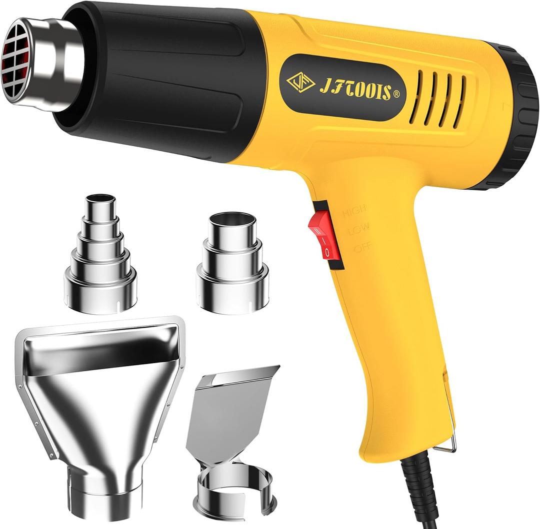 Heat Gun 1300W for Vinyl Wrap,Crafting,Shrink Tubing,Paint,Epoxy Resin,Candle Making,Adjustable Temperature,Overload Protection Hot Air Gun Kit Nozzles (Yellow, Two-Gear Button Temperature Control)
