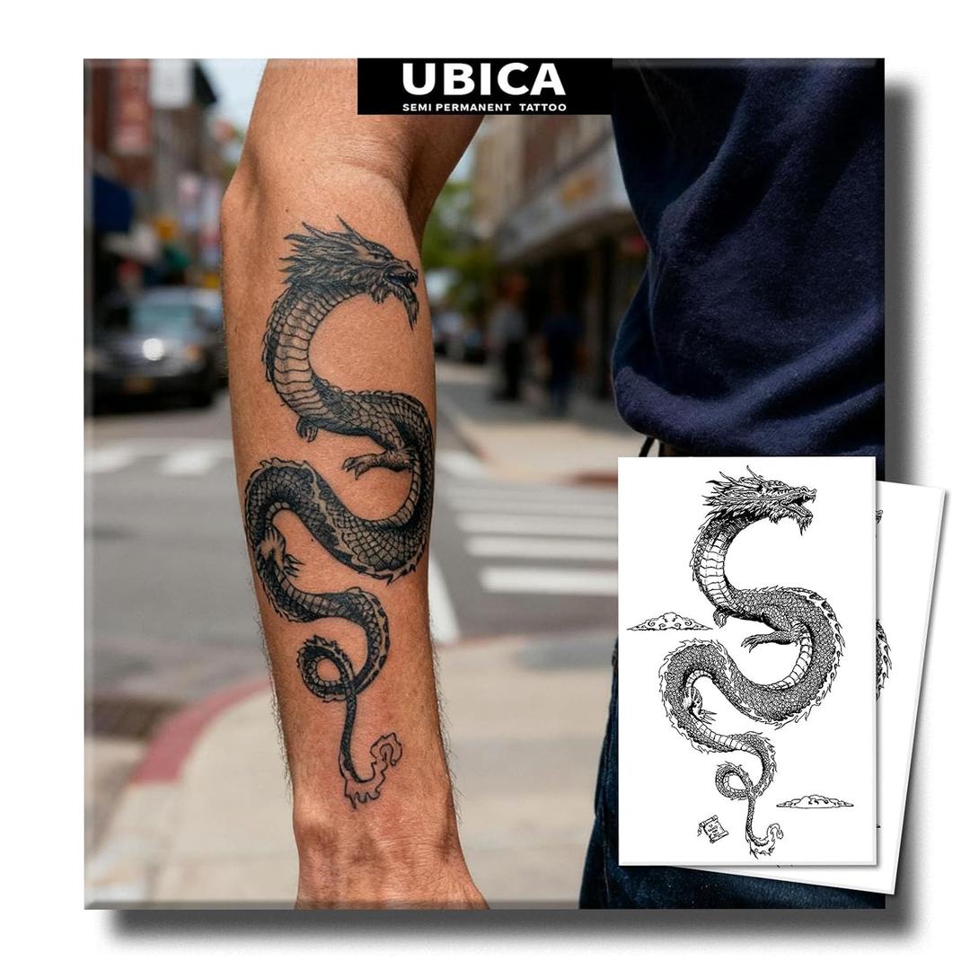 2 Sheets Large Semi Permanent Tattoo, Dragon Design Black Realistic Temporary Tattoo for Men Women Adult, Lasts 7-15 Days Realistic Fake Tattoos Stickers, Waterproof & Non-Reflective