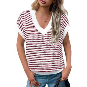 Womens Summer Striped Knit Sweater Vest Cap Sleeve Lightweight Casual Pullover Tank Tops (L)