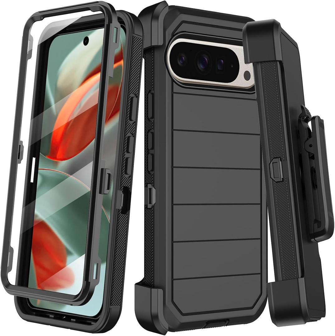 for Google Pixel 9 Pro XL Case with Built-in Screen Protector,Belt Clip Holster,Heavy Duty Shockproof Drop Protection Military Grade Rugged Full Body Phone Cover with Kickstand (Black)