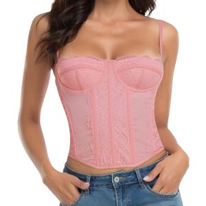 Lace Bustier Corset Tops for Women - Sexy Going Out Party Club Top with Buckle (Pink)