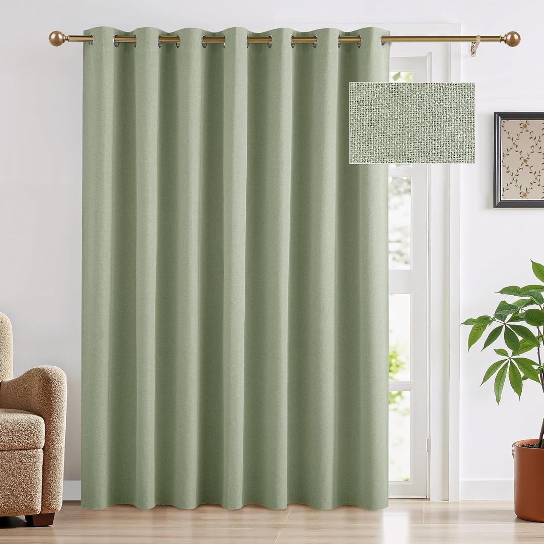RYB HOME Sage Green 100% Blackout Linen Curtain for Sliding Doors, Thermal Insulated 100% Privacy Modern Window Curtain for Bedroom Living Room Nursery, Grommet, W100 x L96, 1 Panel