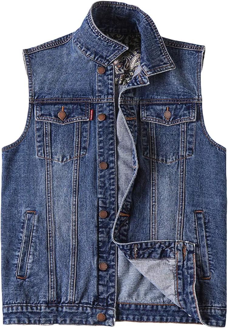 Denim Vest Men Plus Size Motorcycle Jean Vest Biker Sleeveless Jean Jacket | Big And Tall Oversized Vintage Distressed Lapel Collar Button-Up Sleeveless Outerwear Black Blue Retro Punk Cowboy Streetwear (Blue, 3XL)