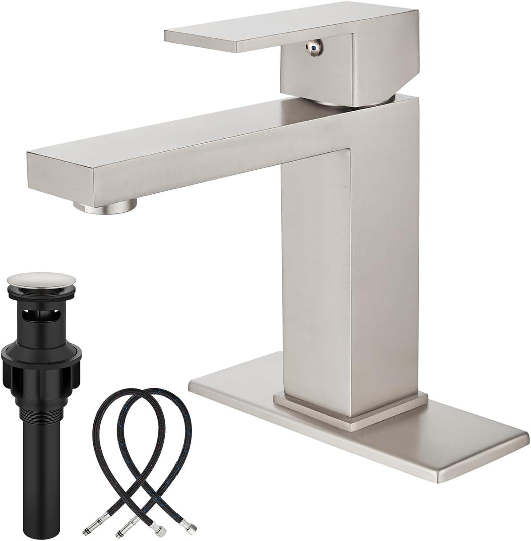 Midanya Bathroom Faucets 1 Hole, Single Handle Stainless Steel Bathroom Sink Faucet, Modern Vanity Faucets with Deck Plate,Water Supply Hoses and Pop Up Drain,Brushed Nickel