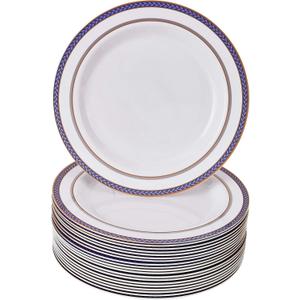 SILVER SPOONS DISPOSABLE SALAD PLATES | 20 pc | Heavy Duty Plastic Dishes | Elegant Fine China Look | Renaissance  Royal Blue (9)