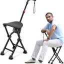Hold 400 lbs Folding Canes with Seat, Allows Durability While Walking and Convenience for Sitting, Aluminum Portable Anti-Slip Cane Seat, Height-Adjustable Walking Cane.Black -Four Legged