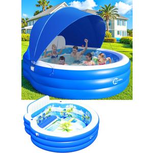 2025 Upgraded Inflatable Pool with Canopy, Inflatable Family Lounge Pool, Round Blow Up Pool for Adult with Bench & Backrest, Swim Center Easy Backyard Pools for Kids & Adults, 90"x90"x80", Blue