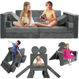 Kayfia 18PCS Modular Kids Play Couch, Kids Couch Building Fort for Playroom and Bedroom Furniture for Toddlers, Unlimited Creativity Sofa Convertible Play Fort (Grey)