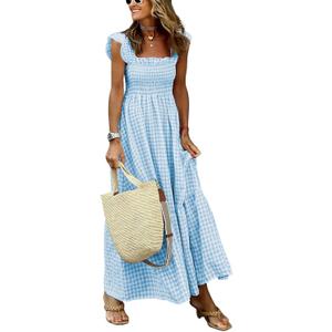 Women's Retro Plaid Smocked Dress Spaghetti Strap Flounce Long Dress (Small, Sky Blue)