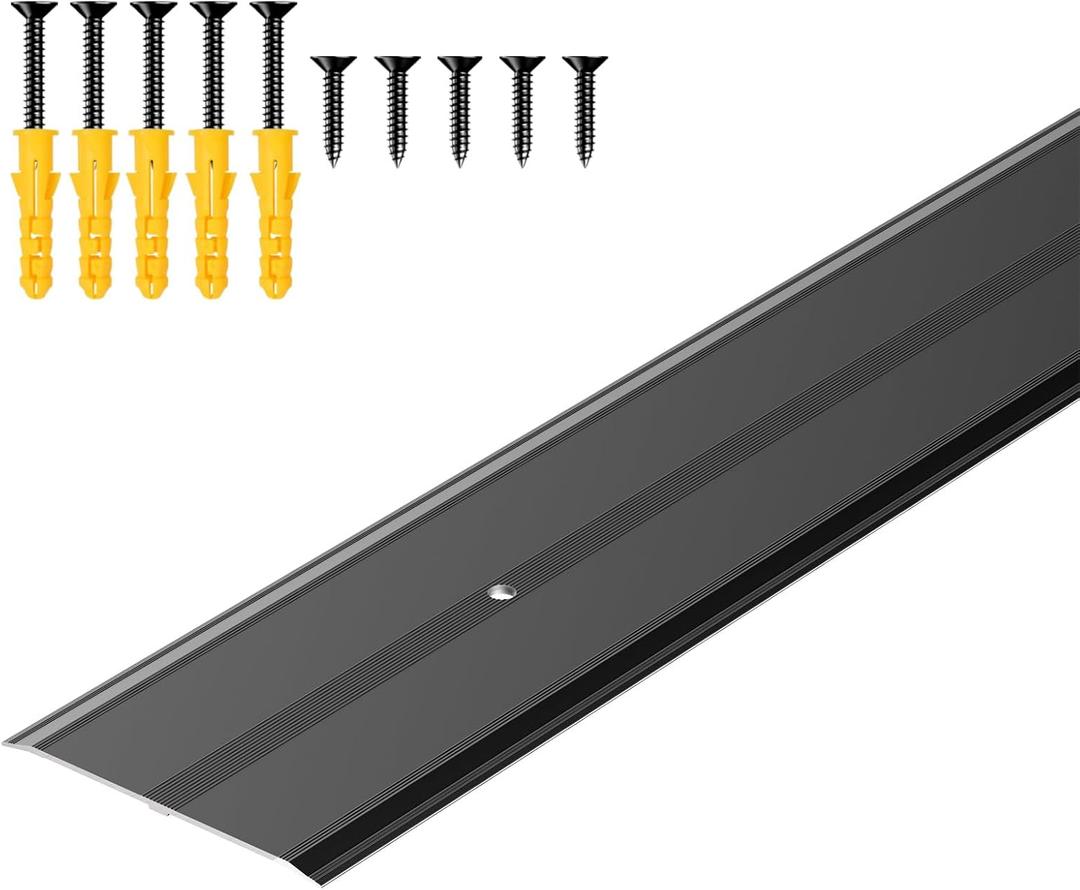 Raytano 48"L×2.4"W ×0.1"H Flat Profile Aluminum Floor Transition Strip, Metal Door Threshold for Carpet Wood Tile Vinyl Flooring Gaps, Indoor and Outdoor Doorway Decoration Protector(Black,1pc)