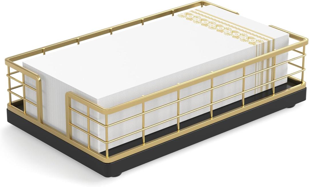 Wican Guest Towel Holder Tray for Bathroom, Oak and Iron Napkins Holder for Powder Room Dinning Table Wooden Basket for Disposable Paper Hand Towels Gold and Black (9.06 x 5.51 x 2.56 inches)