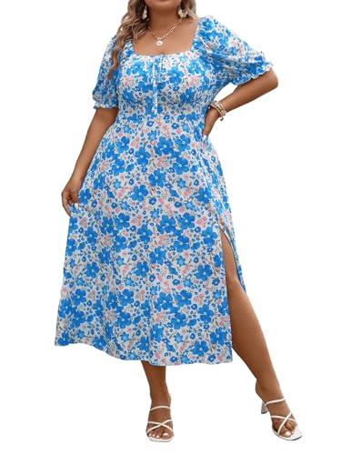 Floerns Women's Plus Size Floral Print Tie Front Square Neck Slit Hem Midi Dress Blue Flower XXXL 22 Floerns Women's Plus Size Floral Print Tie Front Square Neck Slit Hem Midi Dress Blue Flower XXXL 22