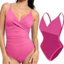 Popilush Swimsuit One Piece Tummy Control Ruched V Neck Bodysuit Push Up Padded Bathing Suits (X-Small, Pink)