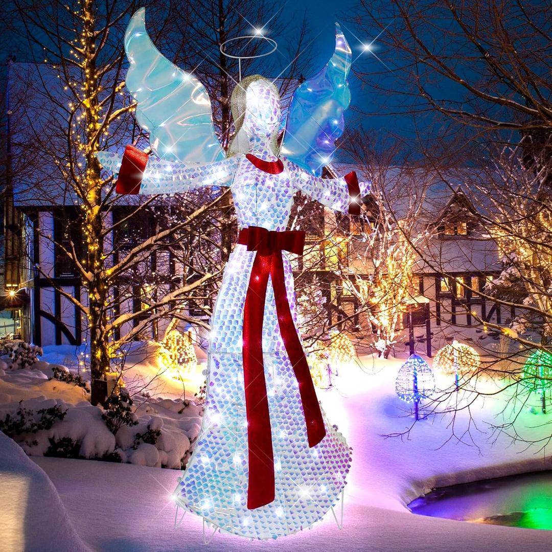 5FT Lighted-up Angel Christmas Decoration, 3D Halo Wings Angel Glitter Decor with LED Lights, Holiday Decorate The Yard Garden Lawn Porch