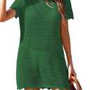 BreathSunny Womens Crochet Knit Swimsuit Coverup Caridgan Summer 2026 Polo Collar Button Front Hollow Out Mesh Swimwear Coverups Beach Swim Bikini Bathing Suit Cover Up Mini Shirt Dress Forest Green M