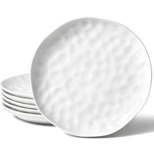 HOMBENE Dessert Pasta 8 Inches Set for 6, Sun-glitter Style, Salad Plates, Porcelain Round Shaped Dinner Plates for Kitchen, Porcelain Dinner, Microwave & Dishwasher Safe, White